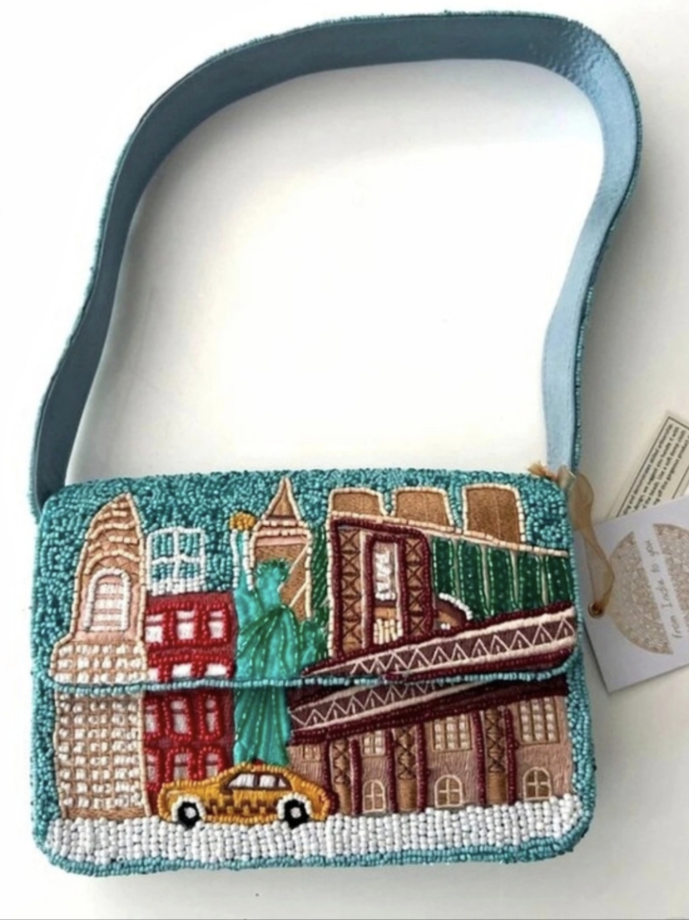 From India To You New York City Skyline Beaded Shoulder Bag Blue